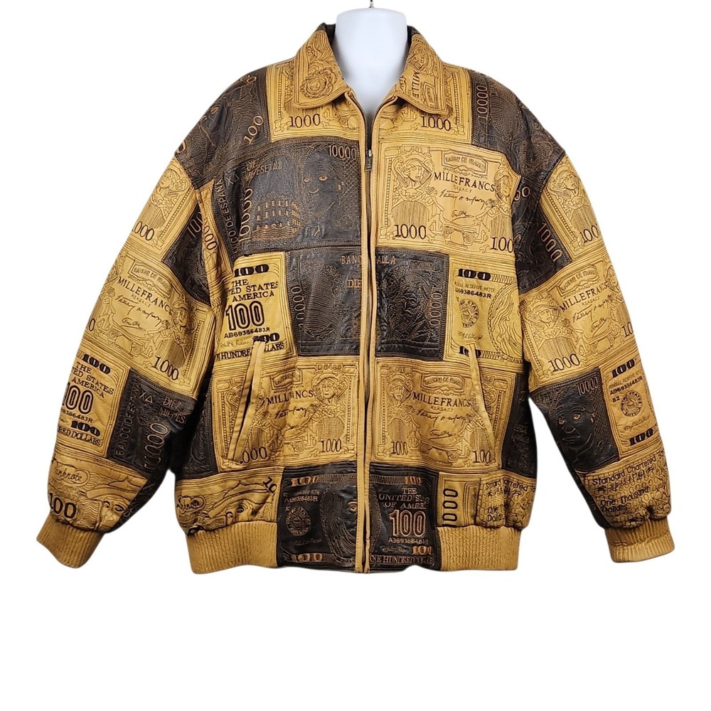 Rare Vilanto VTG 90s Y2K Money Print Leather Bomber Jacket Full Zip 5XL Brown